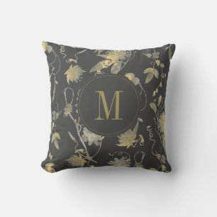 Elegant Gold Flowers Grey Floral Monogram Throw Pillow