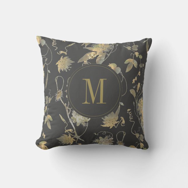 Elegant Gold Flowers Grey Floral Monogram Throw Pillow (Front)