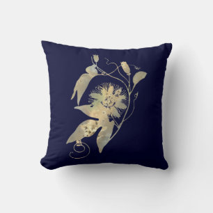 Elegant Gold Flowers on Navy Blue Floral Throw Pillow