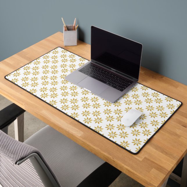 Elegant gold flowers pattern white desk mat (Office 2)