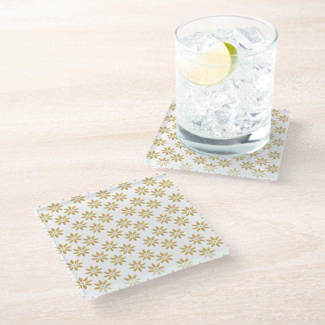 Elegant gold flowers pattern white glass coaster (Angled)