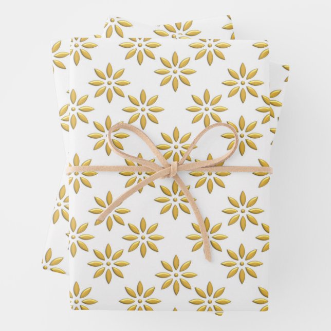 Elegant gold flowers pattern white wrapping paper sheet (In situ)
