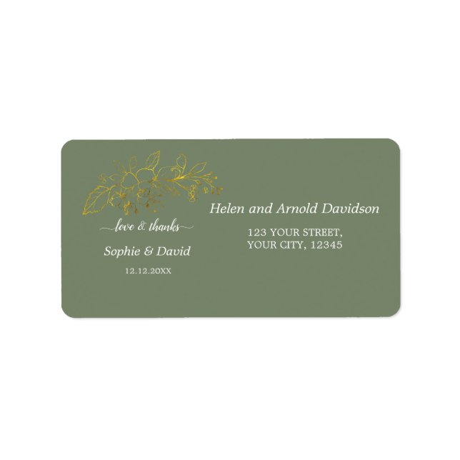 Elegant Gold Flowers Sage Green Wedding Return  Label (Front)