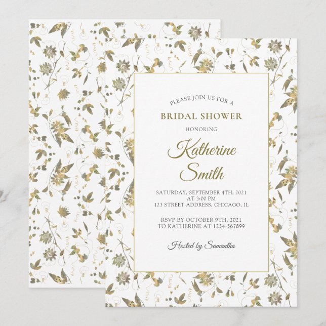 Elegant Gold Flowers Vine Bridal Shower Invitation (Front/Back)