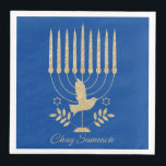 Elegant Gold Flying Dove Menorah Blue Hanukkah Napkin<br><div class="desc">A modern gold and blue Hannukah paper napkin featuring a beautiful shimmering gold menorah with a flying dove on a rich dark blue background.</div>