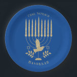 Elegant Gold Flying Dove Menorah Blue Hanukkah Paper Plate<br><div class="desc">A modern gold and blue Hannukah paper plate featuring a beautiful shimmering gold menorah with a flying dove on a rich dark blue background with customizable sayings,  "Chag Sameach, " and "Hanukkah."</div>