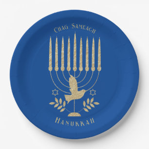 Elegant Gold Flying Dove Menorah Blue Hanukkah Paper Plate