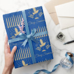 Elegant Gold Flying Dove Menorah Blue Hanukkah Wrapping Paper<br><div class="desc">A modern gold and blue Hanukkah gift wrapping paper featuring a beautiful shimmering gold menorah with a flying dove in a repeat pattern on a rich dark blue background.</div>