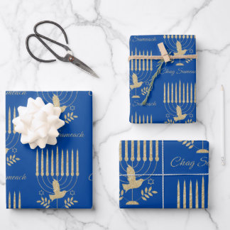 Elegant Gold Flying Dove Menorah Blue Hanukkah Wrapping Paper Sheet