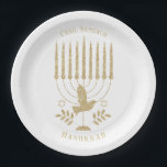 Elegant Gold Flying Dove Menorah Hanukkah Paper Plate<br><div class="desc">A modern gold and blue Hannukah paper plate featuring a beautiful shimmering gold menorah with a flying dove on a white background with customizable sayings,  "Chag Sameach, " and "Hanukkah."</div>