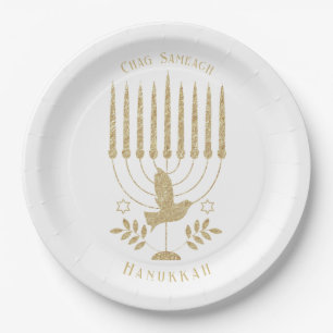 Elegant Gold Flying Dove Menorah Hanukkah Paper Plate