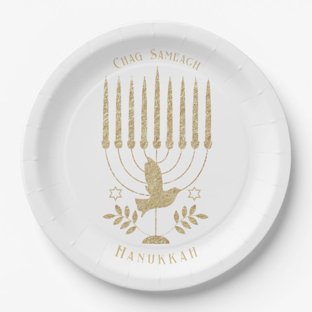 Elegant Gold Flying Dove Menorah Hanukkah Paper Plate (Front)