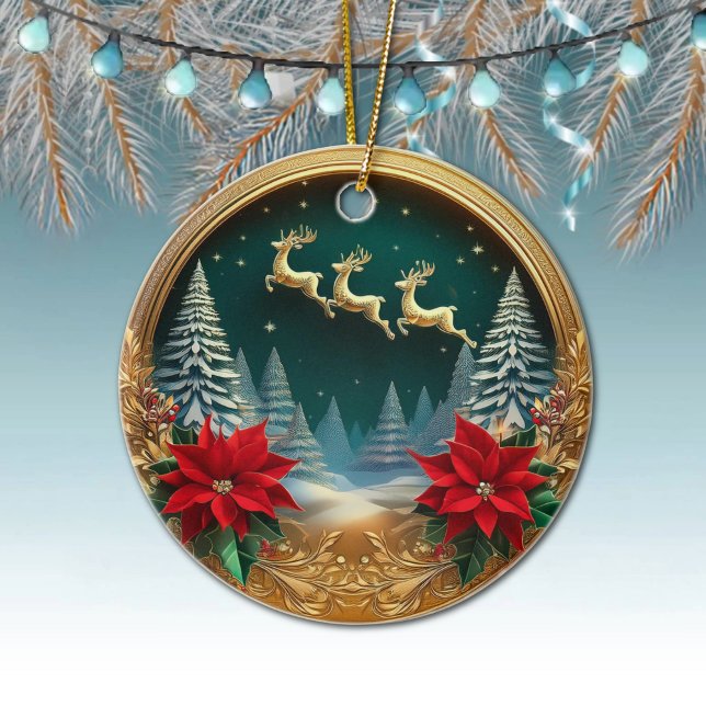 Elegant Gold Flying Reindeer, Poinsettias, Deer 🦌 Ceramic Ornament (Golden Flying Reindeer, Deer Antlers, Trees, Moon, Snowy Night Winter Scene Ornament Front/Back 🦌🎄)