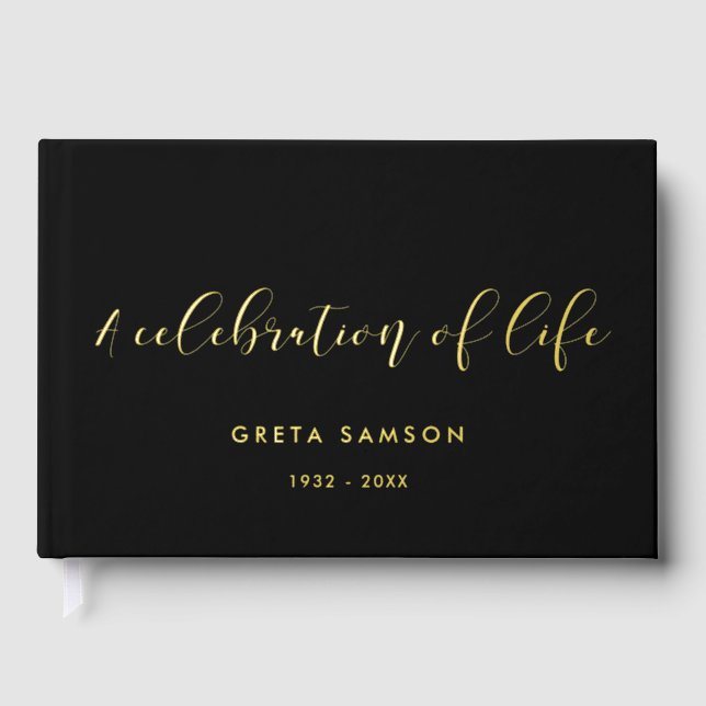 Elegant Gold Foil A celebration of life funeral Guest Book (Front)