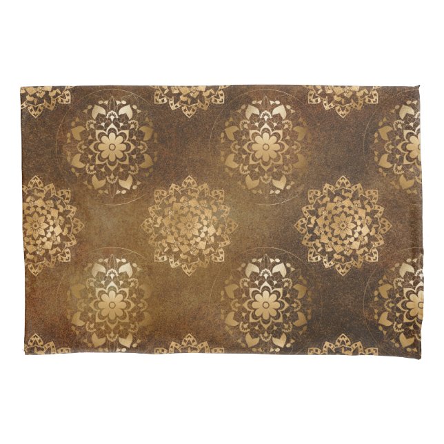 Elegant Gold Foil and Black Indian Mandala Pillowcase (Front)