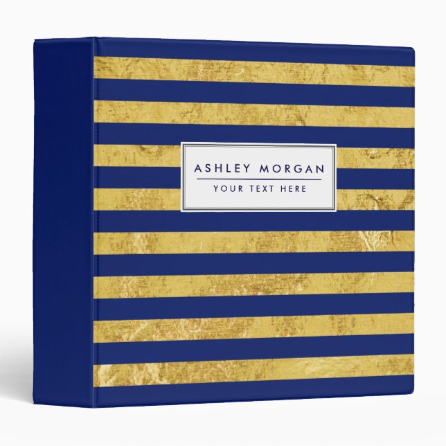 Elegant Gold Foil and Blue Stripe Pattern Binder (Front/Spine)