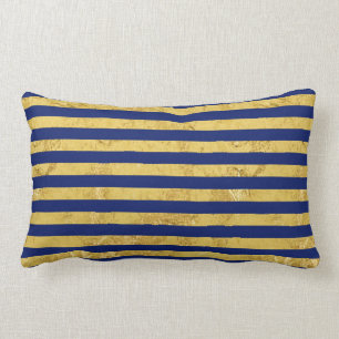 Elegant Gold Foil and Blue Stripe Pattern Lumbar Pillow