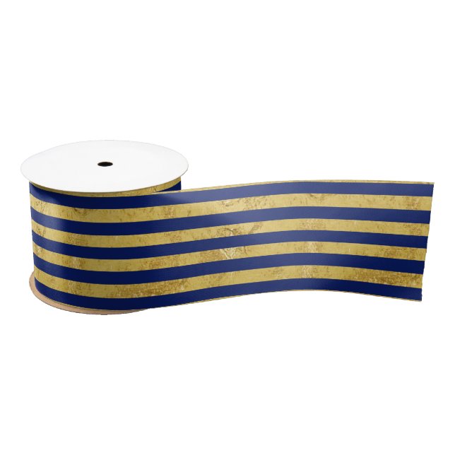 Elegant Gold Foil and Blue Stripe Pattern Satin Ribbon (Spool)