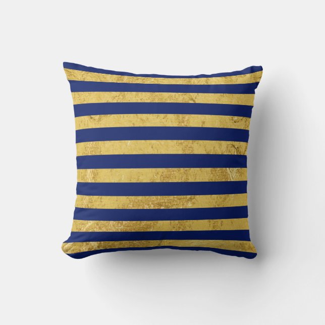 Elegant Gold Foil and Blue Stripe Pattern Throw Pillow (Front)