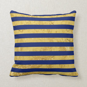 Elegant Gold Foil and Blue Stripe Pattern Throw Pillow