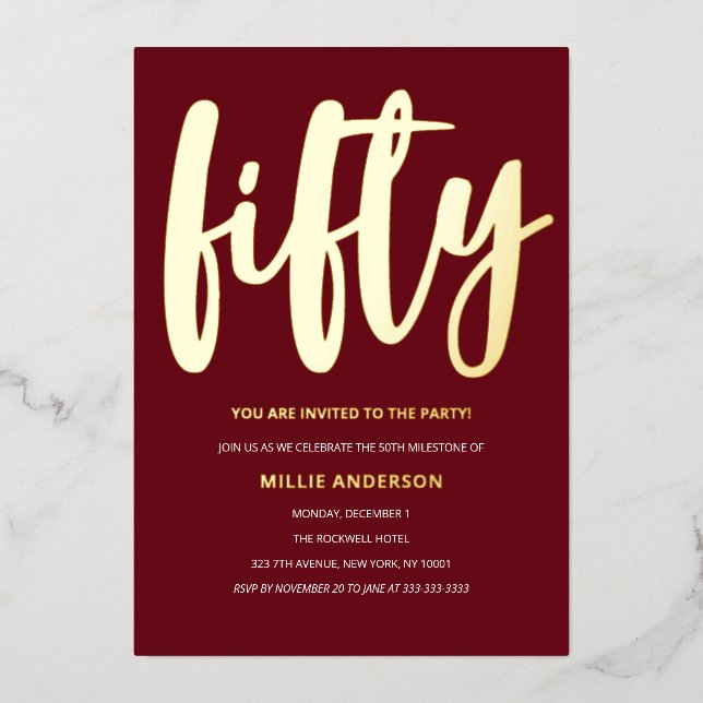 Elegant Gold Foil and Deep Red 50th Birthday Party (Front)