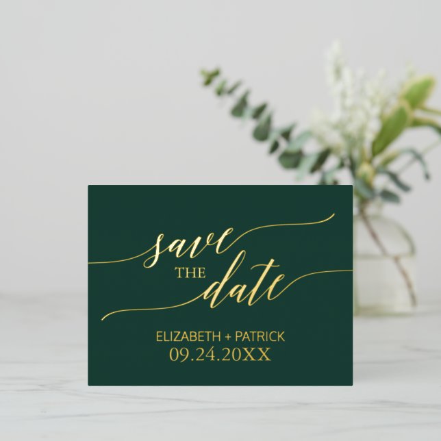 Elegant Gold Foil and Emerald Green Save the Date Foil Invitation Postcard (Standing Front)