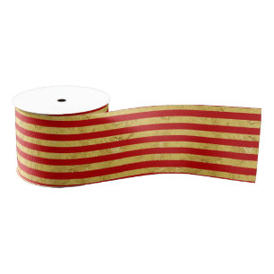 Elegant Gold Foil and Red Stripe Pattern Grosgrain Ribbon
