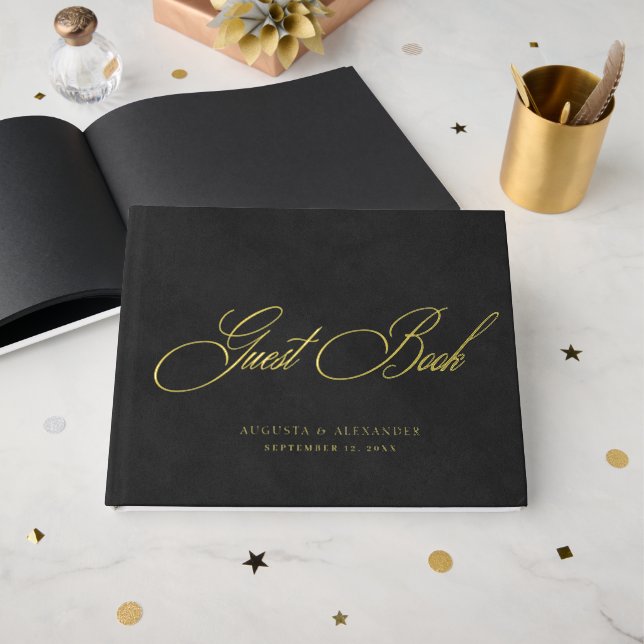 Elegant Gold Foil & Black Velvet Imitation Wedding Guest Book (Front Open)
