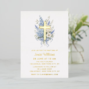 Elegant gold foil blue hydrangea baptism
