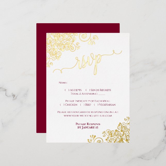 Elégant Gold Foil Bourgogne Mariage Carte RSVP (Recto/Verso)