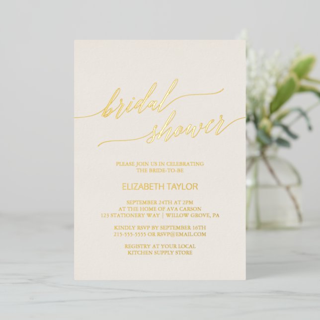 Elegant Gold Foil Calligraphy Ivory Bridal Shower (Standing Front)