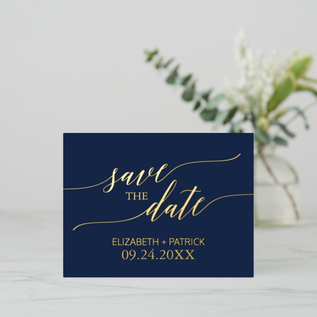 Elegant Gold Foil Calligraphy Navy Save the Date Foil Invitation Postcard (Standing Front)