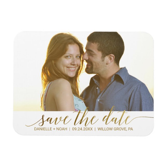 Elegant Gold Foil Calligraphy Save the Date Photo Magnet (Horizontal)
