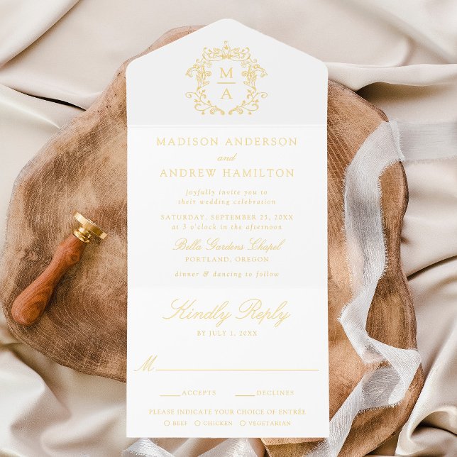 Elegant Gold Foil Crest Chinoiserie Wedding All In One Invitation (Creator Uploaded)