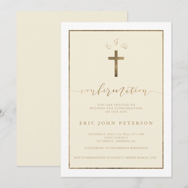 Elegant gold foil cross monogram confirmation invitation (Front/Back)