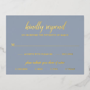 Elegant Gold Foil Dusty Blue Wedding RSVP Card
