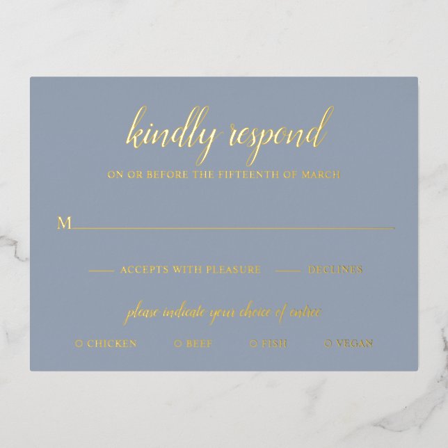 Elegant Gold Foil Dusty Blue Wedding RSVP Card (Front)