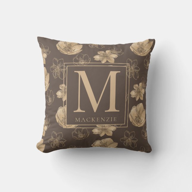 Elegant Gold Foil Floral Pattern Monogram Throw Pillow (Front)