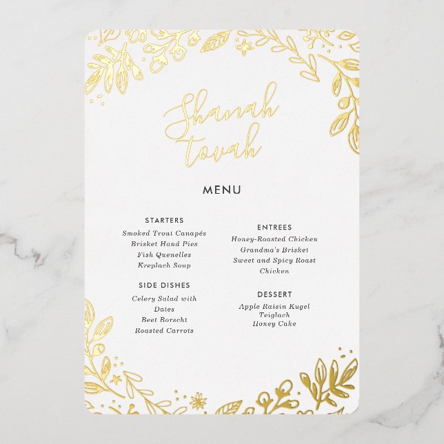 Elegant Gold Foil Floral Rosh Hashanah Dinner Menu (Front)
