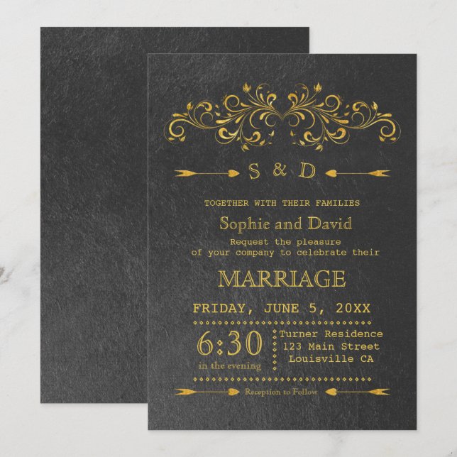 Elegant Gold Foil Flourish Black Wedding Invite (Front/Back)