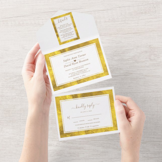 Elegant Gold Foil Frame Calligraphy Wedding   All In One Invitation (Tearaway)