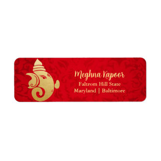 Elégant Gold Foil Ganapati Indian God Red Damask