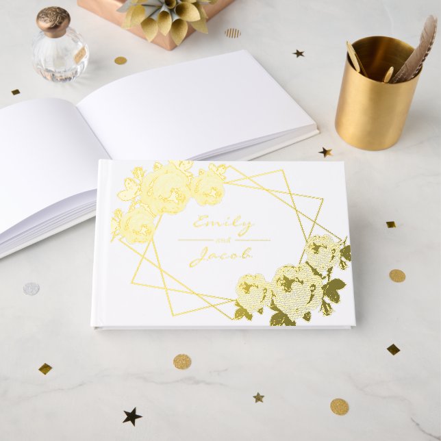 Elegant Gold Foil Geometric Pattern Floral Guest Book (Front Open)
