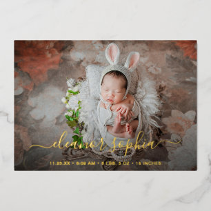 Elegant Gold Foil Girl Photo Birth Announcement