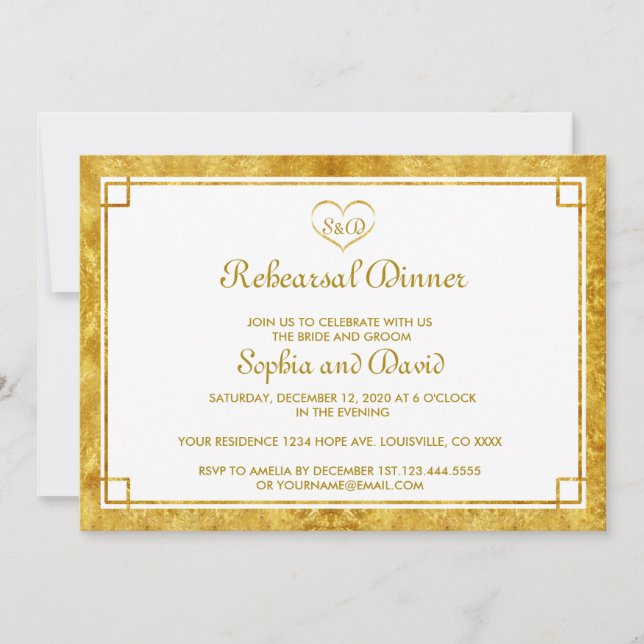 Elegant Gold Foil Heart REHEARSAL DINNER Invite (Front)
