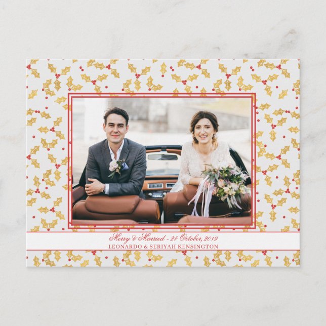 Elegant Gold Foil Holly Merry Married Christmas Holiday Postcard (Front)