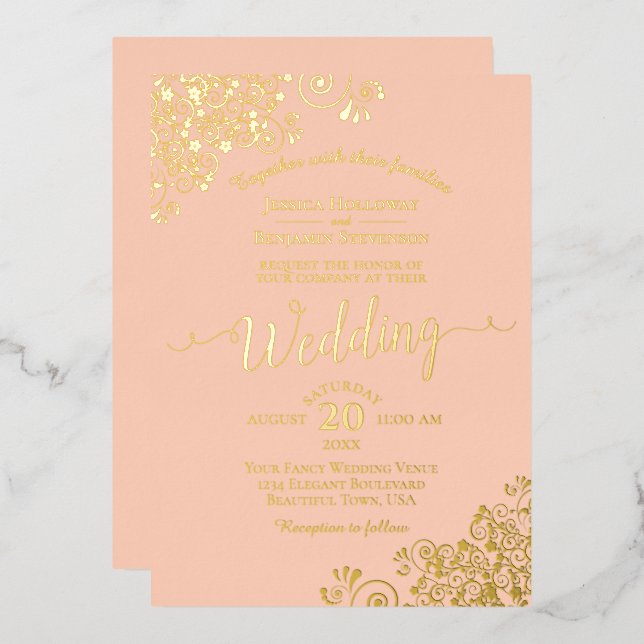 Elegant Gold Foil Lace on Coral Peach Wedding (Front/Back)