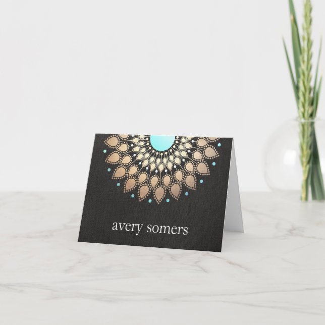 Elegant Gold Foil Leaf Mandala Black Linen LOOK Note Card (Front)