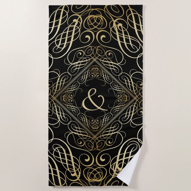 Elegant Gold Foil Look Filigree Scrollwork Black Beach Towel (Front)