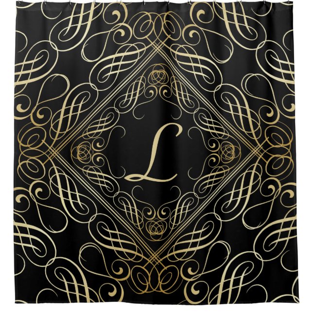 Elegant Gold Foil Look Scrollwork Script on Black (Front)